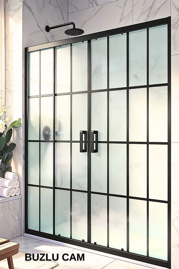 Duşakabin Ön Cephe 5mm Siyah Çizgi Komple Buzlu Yükseklik 190cm